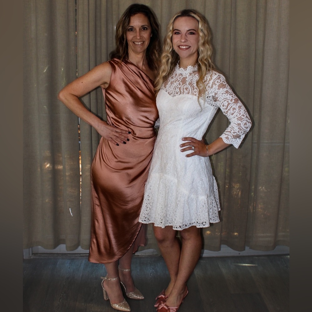 White mock neck lace dress